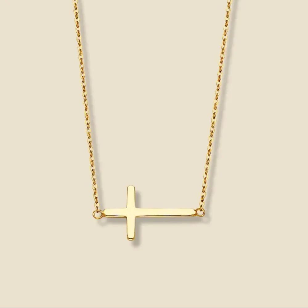 14K Solid Gold Sideways Cross Necklace | A Gift of Devotion and Style |